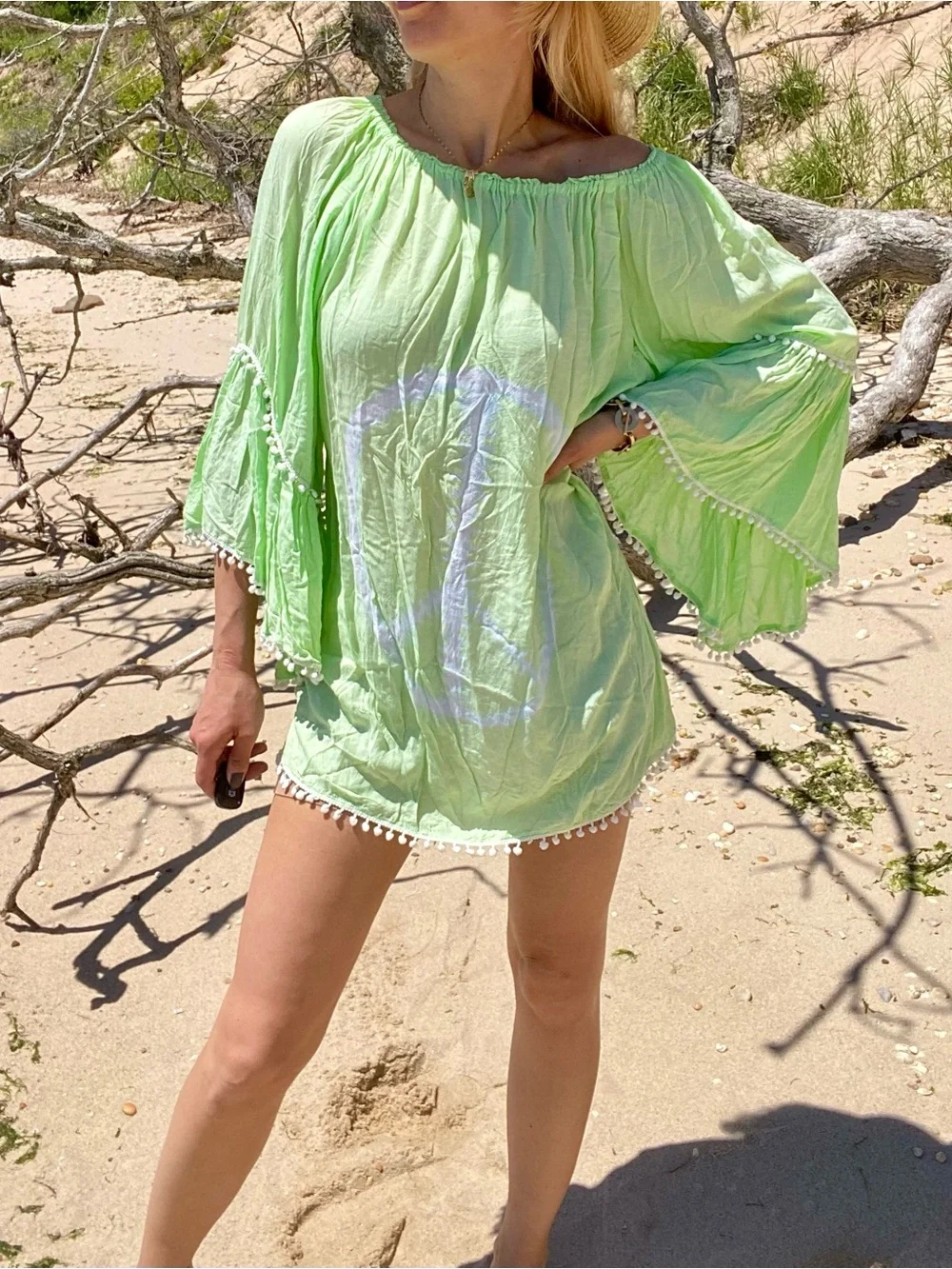 BOHO Lime Green Off-Shoulder Pom Pom Beach Cover-Up! 🐚